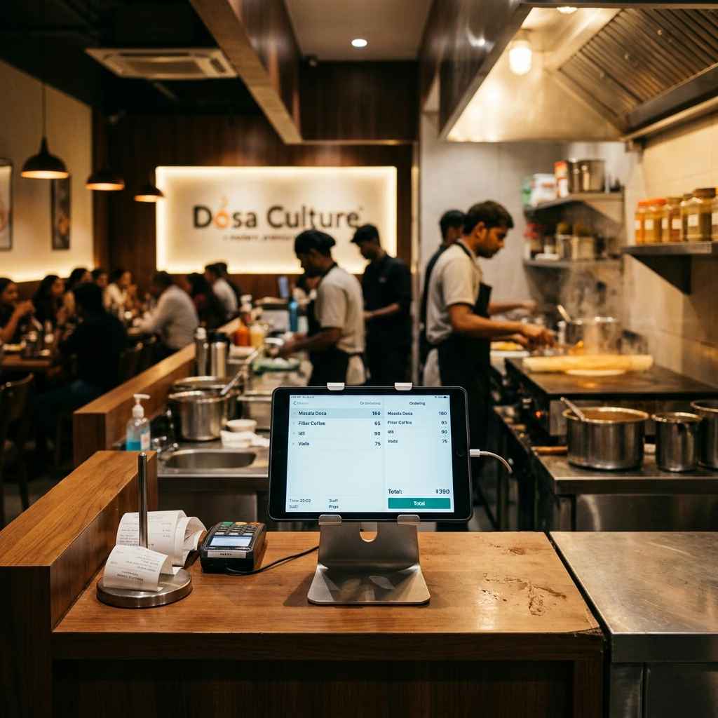 Counter at 8 pm — tablet on a steel stand, bill spike, kitchen glow