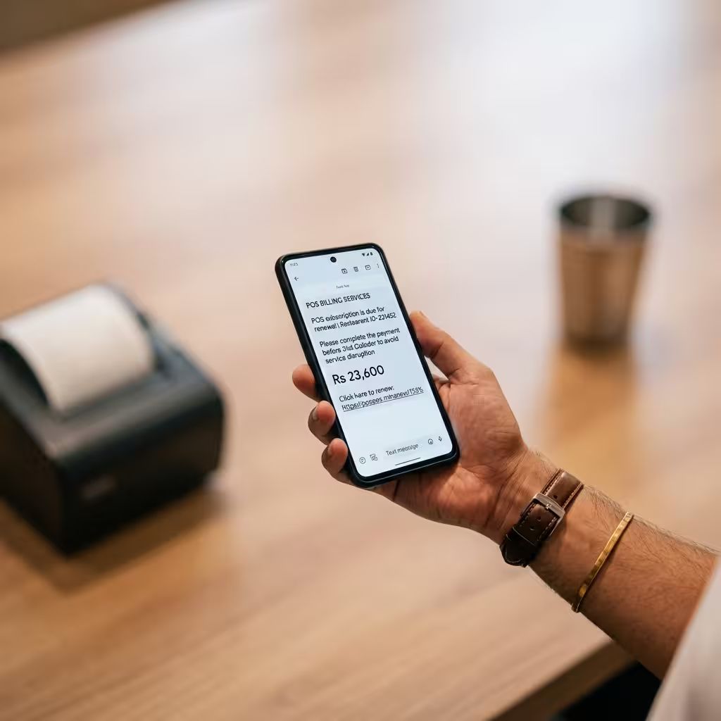 The renewal SMS — hands holding a phone, cold chai, tube light