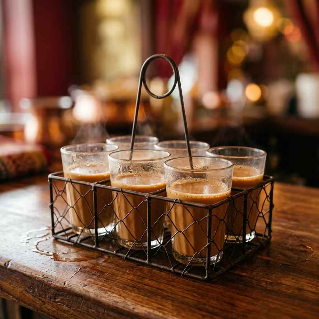 Chai glasses — eight cutting-chai in a wire carrier, wet rings