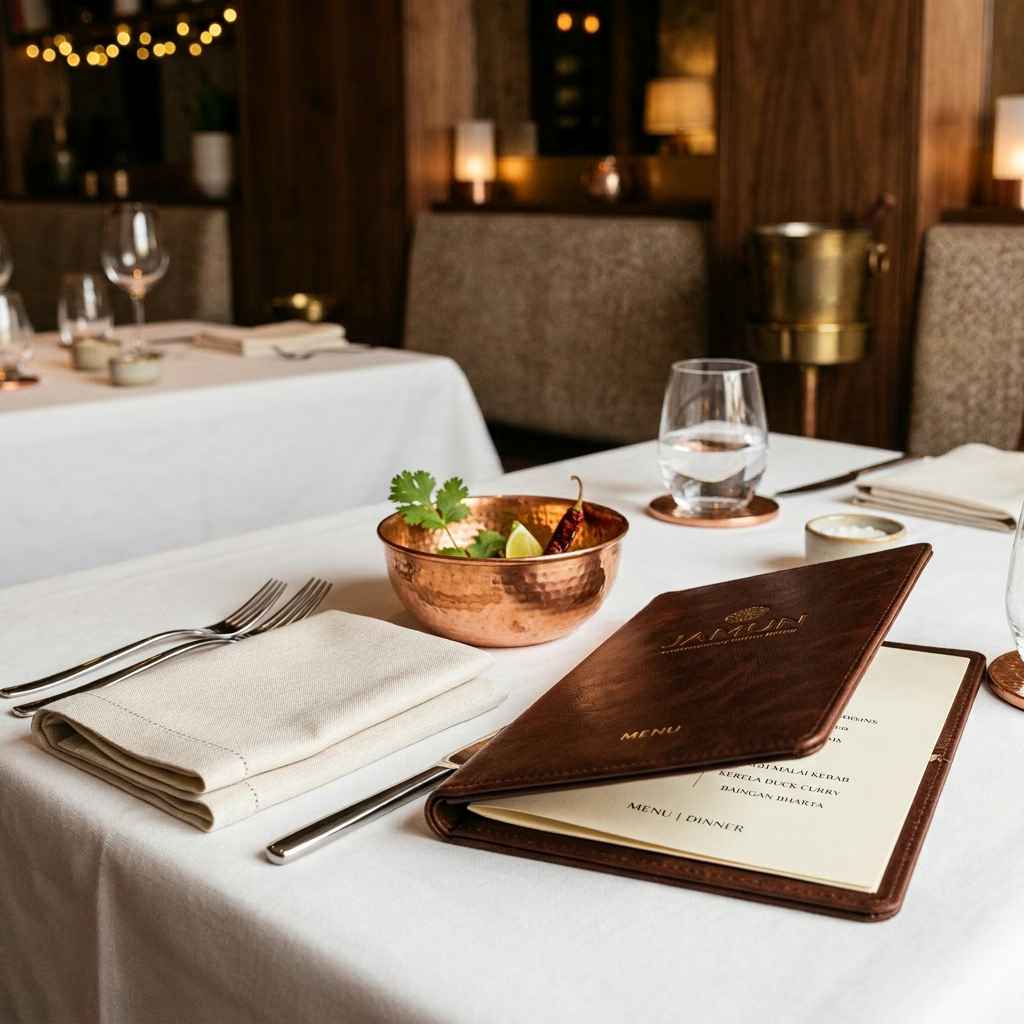 Fine-dining service — white linen, copper bowl, brass lamp light, KOT in a leather folder