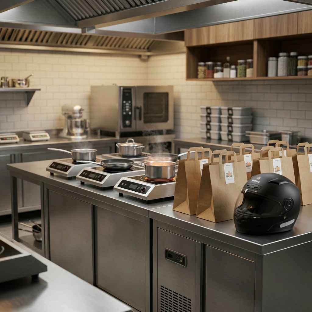 Cloud kitchen — three induction stations, paper bags, rider’s helmet