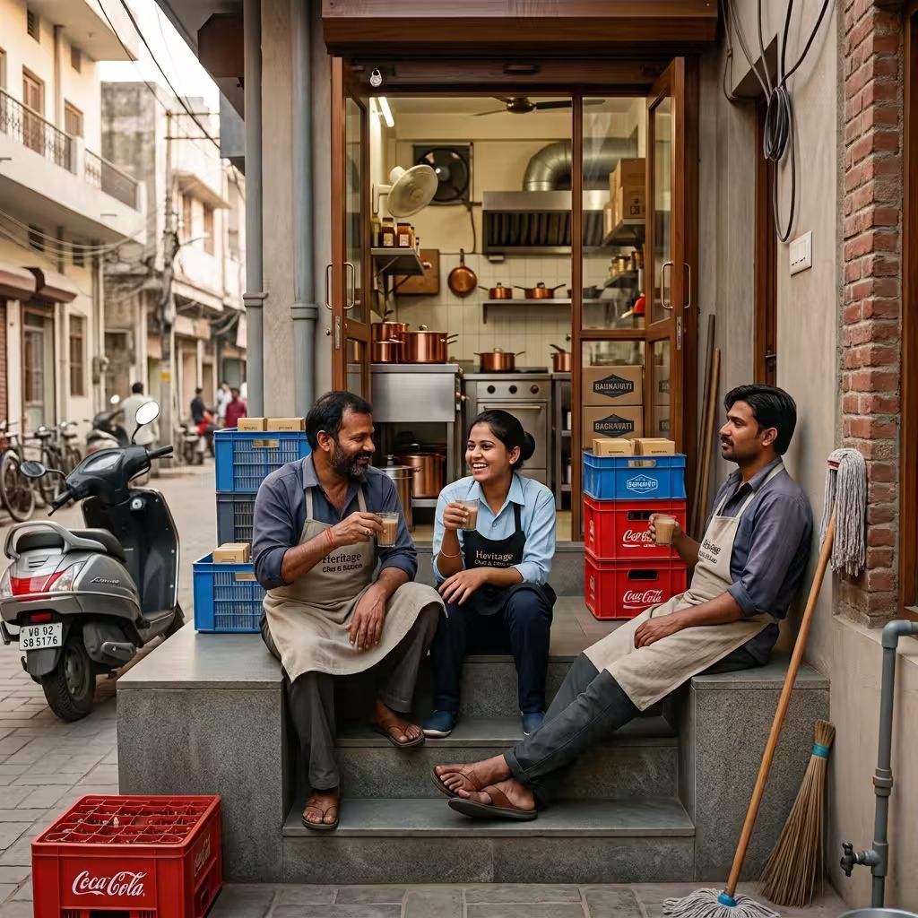 Staff shift — chai on the back step between shifts