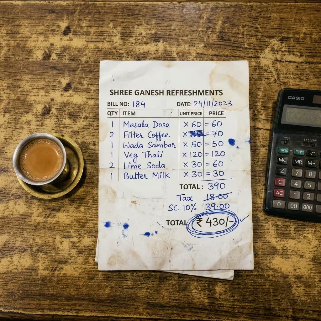 Handwritten bill — ballpoint, tea stain, ₹ total circled