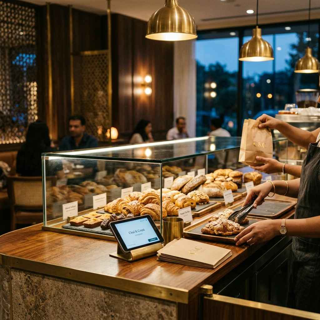 Bakery counter — pastry case, tongs, counter tablet